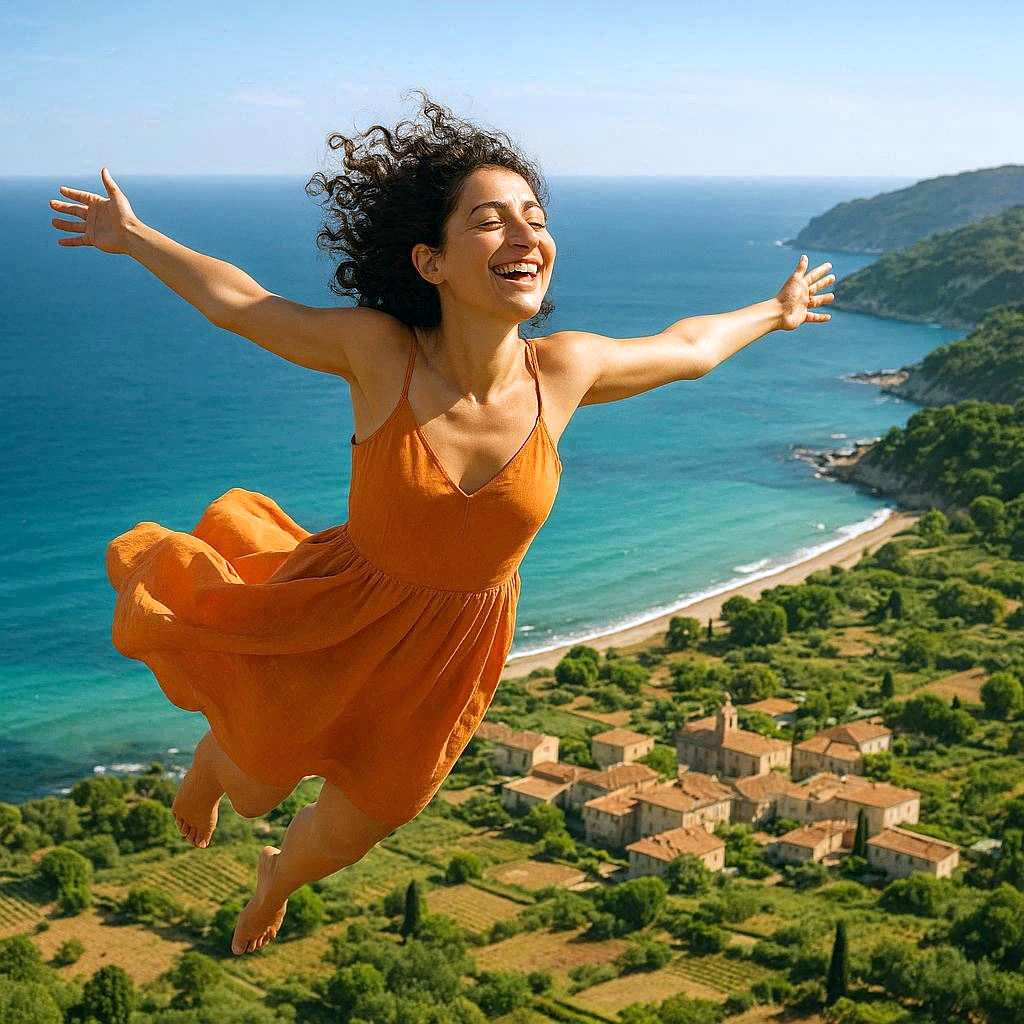 fliegende glückliche frau